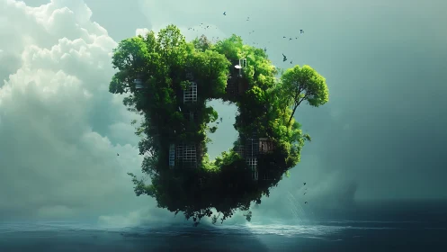 Floating ring-shaped forest island over calm ocean.