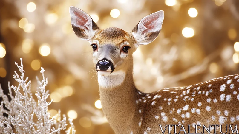 Starry-eyed winter fawn poised in golden holiday glow.
