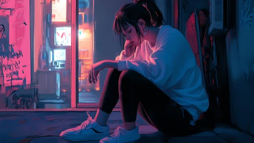 Neon-lit alley solitude with pensive girl in soft glow.