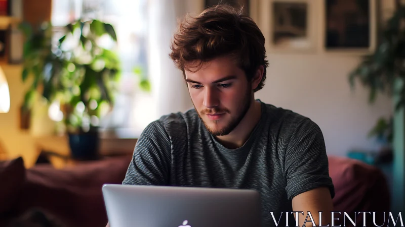 Young man working calmly on his laptop in a cozy living room.