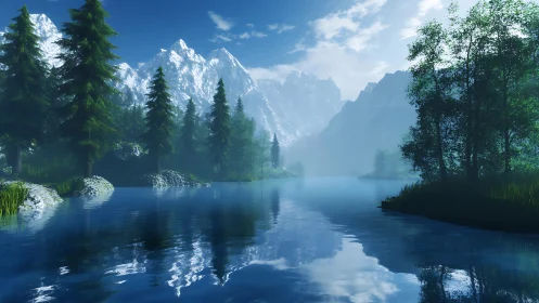 Peaceful mountain lake wrapped in soft morning light.