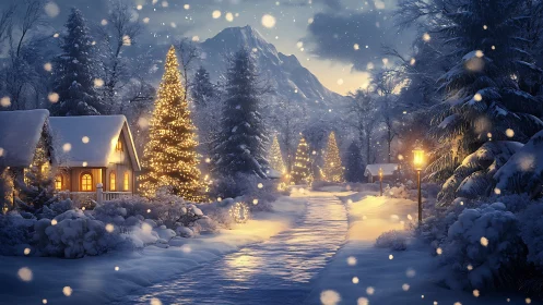 Digital painting winter lane with illuminated chalet and firs.