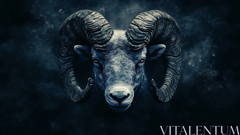 Ram portrait emerges from dark nebula backdrop in blue tones