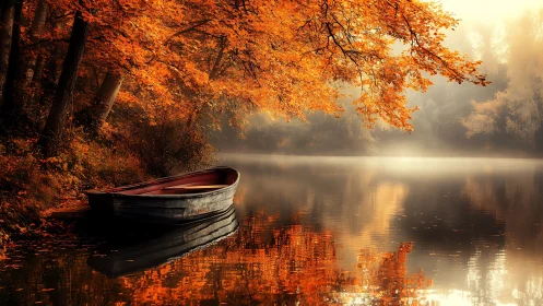 Rowboat on calm autumn lake under dense orange foliage.