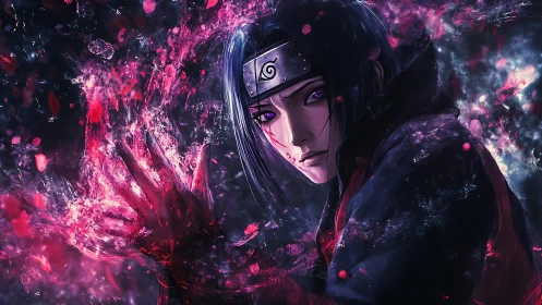 Stormlit ninja summoner wrapped in crimson illusion magic.