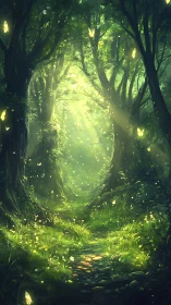 Luminous Forest Path With Glowing Butterflies and Trees.