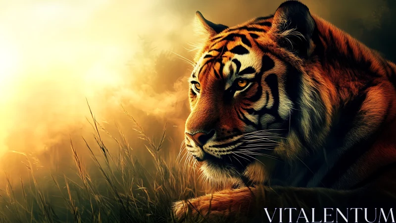 Golden backlit tiger portrait in cinematic twilight grasslands.