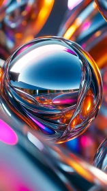 Chromed glass sphere among neon reflections in motion.