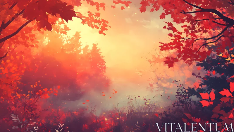 Sunlit autumn forest glows through mist and crimson leaves
