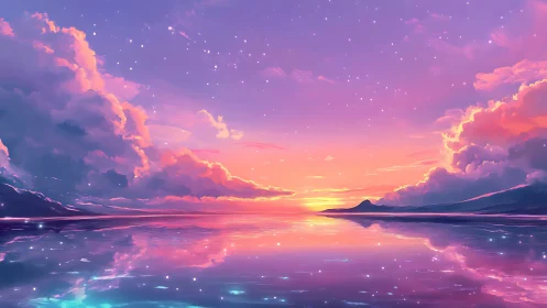 Iridescent twilight seascape renders reflective clouds in gradience