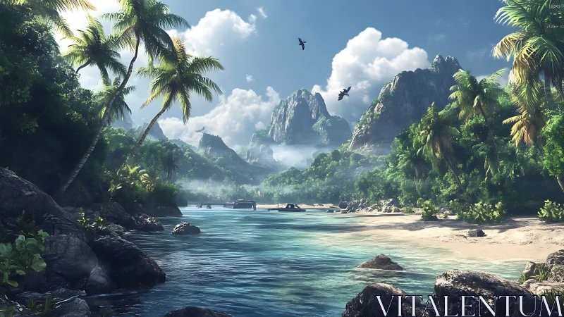 Tropical Lagoon Valley: Limestone Peaks, Misty Gorge, Pristine Waters.