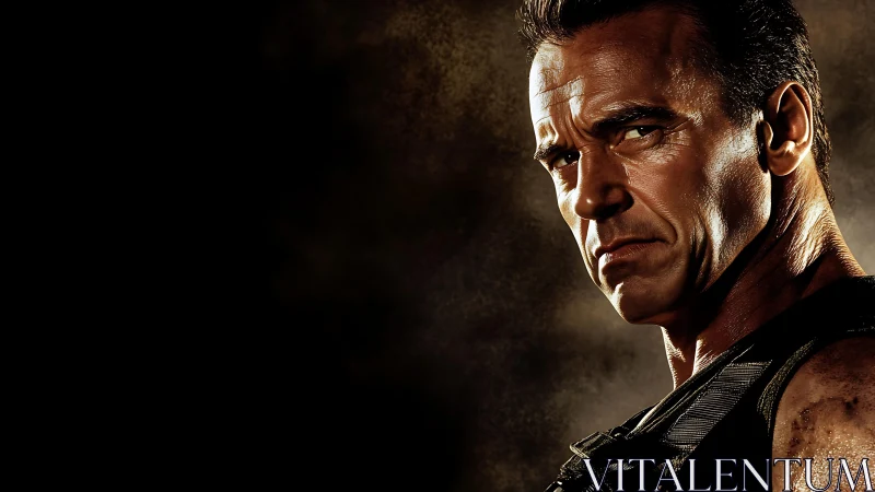 Serious muscular man in tactical gear on dark background.