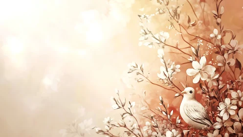Ivory Dove Perched Among Delicate Blossoms in Warm Sepiatone Environment