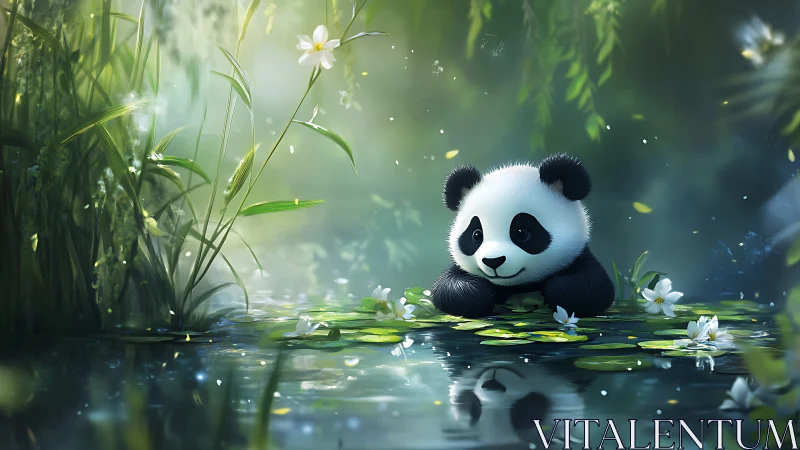 Young panda on lily pads in dense green wetland scene.