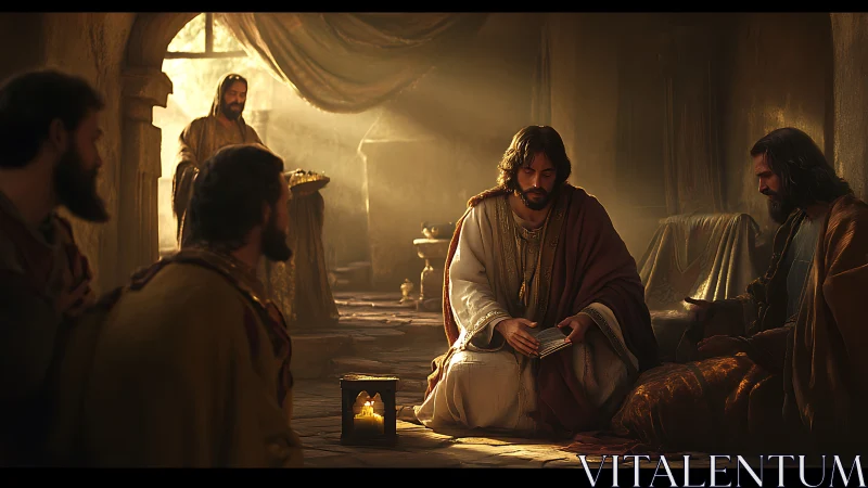 Golden hush over gathered disciples in lamplit stone room.