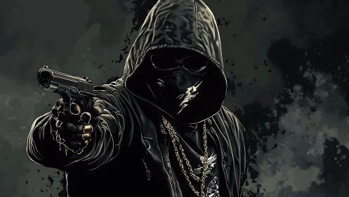 Hooded masked gunman aims weapon in gritty digital artwork.