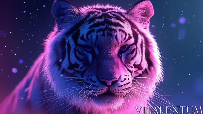 Moonlit white tiger glows softly in dreamy neon colors