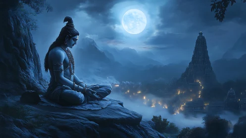 Meditating deity under moonlit sky overlooks sacred valley