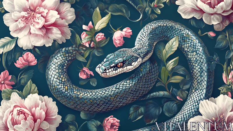 Serpentine blue snake woven through lush pink peony blooms.