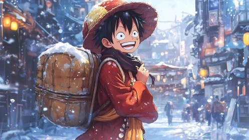 Smiling anime traveler crosses glowing snowlit market street.