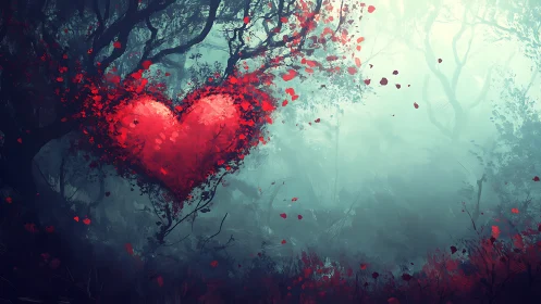 Luminous Heart Floating Through Misty Forest Landscape