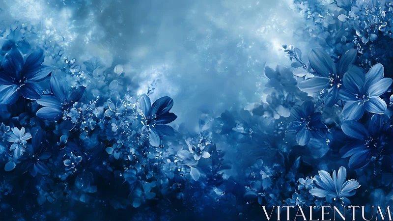Blue Floral Dreamscape with Luminous Flowers.