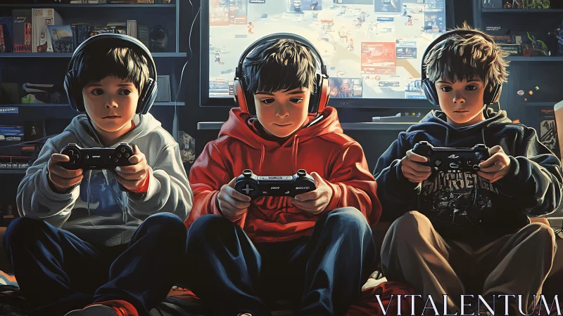 Three Gamers Focused. Digital Play in Modern Gaming Room.