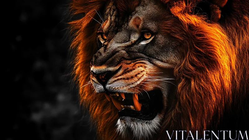Roaring lion profile under dramatic orange rim lighting.