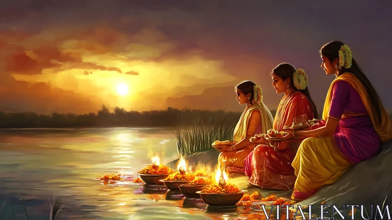 Women in Traditional Attire Offering Prayers by River at Sunset.