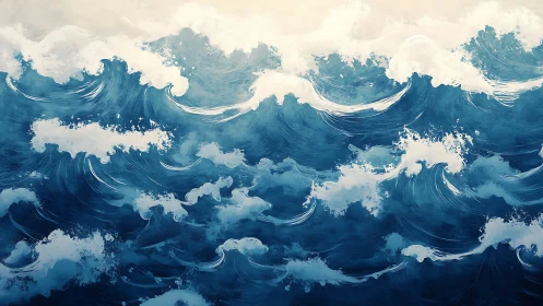 Dynamic blue ocean waves in expressive digital brushwork.