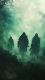 Hooded wraiths emerge through eerie green forest fog.