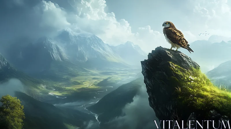 Majestic owl perched on rocky cliff in misty mountain landscape.