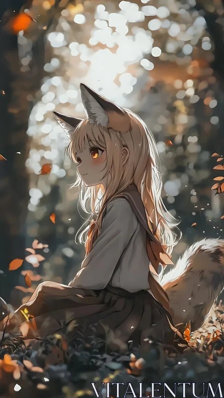 Autumn backlit fox-eared girl rendered in soft anime style