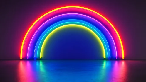 Neon rainbow arcs glow over polished reflective floor surface.