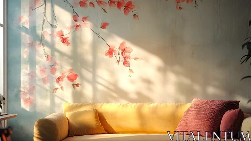 Sunlit sofa corner with soft florals and gentle shadows.