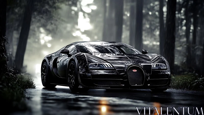 Black hypercar on wet forest road under rainfall conditions.