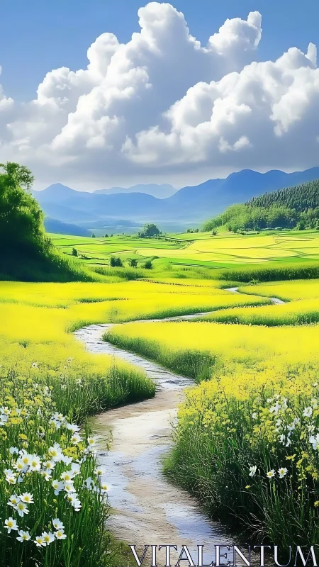 Meandering stream through luminous canola terraces under cumulus.