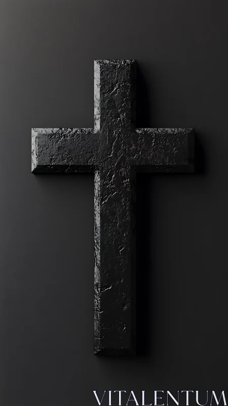 Matte black cross with high-relief textured surface on dark ground