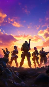 Tactical squad silhouette against neon sunset battlefield sky