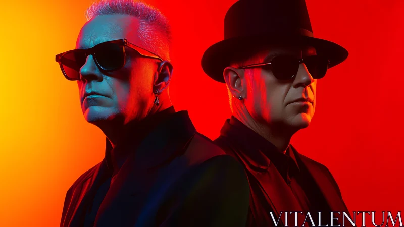 Twin neon shadows trade glances inside a burning gradient