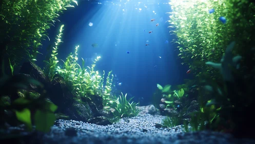 Volumetric caustics in a densely planted aquatic microcosm.