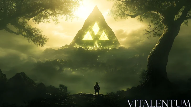 Lone hero confronts glowing sacred triangle in misty forest.