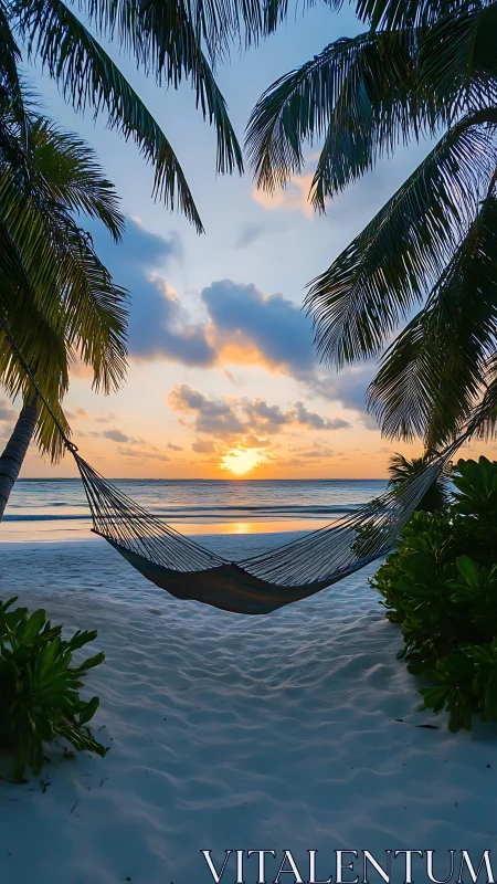 Hammock between palms facing calm sea at sunset time.
