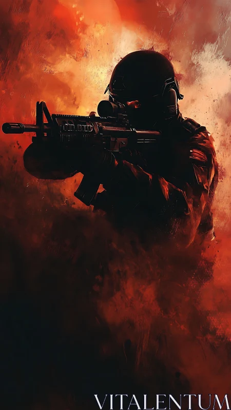 Tactical operator silhouette with carbine amid fiery smoke field