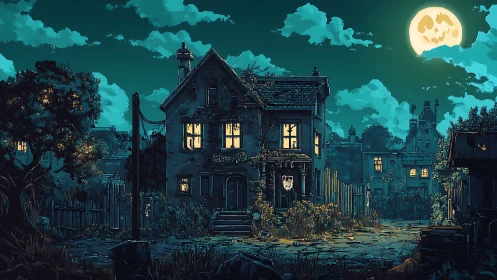 Moonlit house with glowing windows and gently spooky charm.
