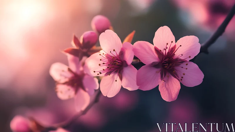 Cherry blossom closeup under warm sunset glow.