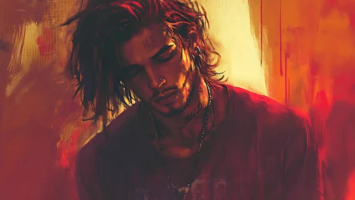 Brooding young man in red light with intense moody energy.