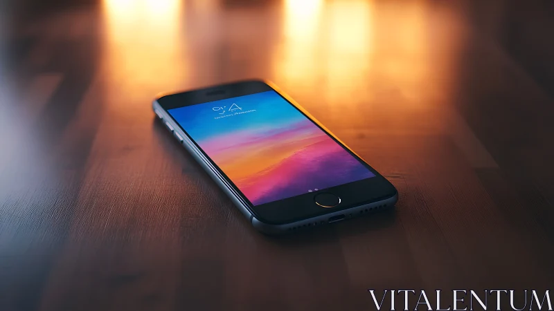 Smartphone with gradient display on wooden surface under warm lighting.