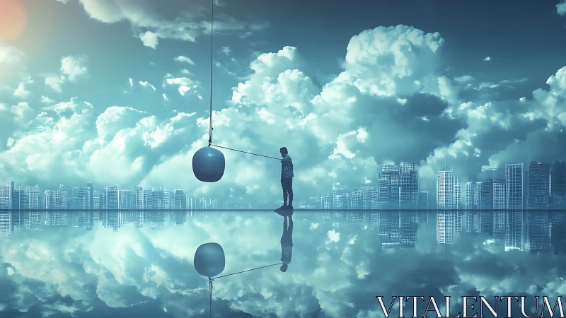 Solitary figure directs pendulum above mirrored cityscape