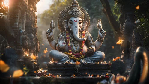 Sacred Ganesha statue glows in serene forest temple light